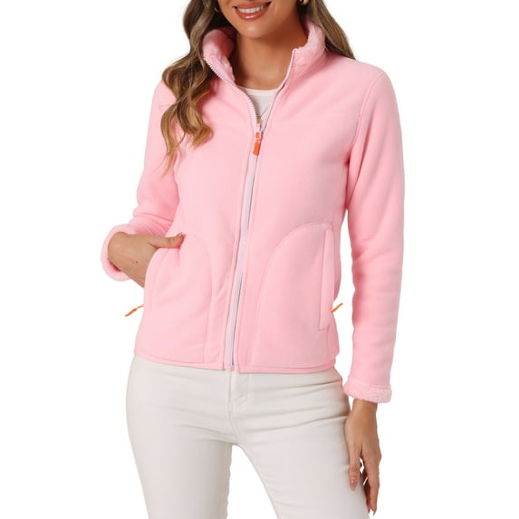 INSPIRE CHIC Full Zip Fleece Jacket for Women's Long Sleeve High Neck Winter Warm Coat M Pink