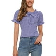 thumbnail image 1 of INSPIRE CHICGingham Plaid Blouse for Woman's Peasant Round Neck Ruffles Puff Sleeve Top XS Dark Blue, 1 of 6