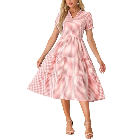 INSPIRE CHIC Women's Gingham Dress Summer Ruffle Trim V Neck Button Decor Flowy Midi Dresses L Pink