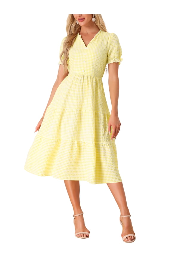 Women's Gingham Dress Summer Ruffle Trim V Neck Button Decor Flowy Midi Dresses Yellow L