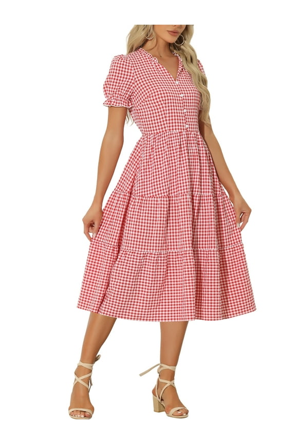 Women's Gingham Dress Summer Ruffle Trim V Neck Button Decor Flowy Midi Dresses M Red