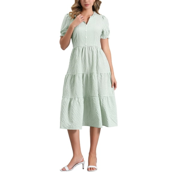 INSPIRE CHIC Women's Gingham Dress Summer Ruffle Trim V Neck Button Decor Flowy Midi Dresses XS Green