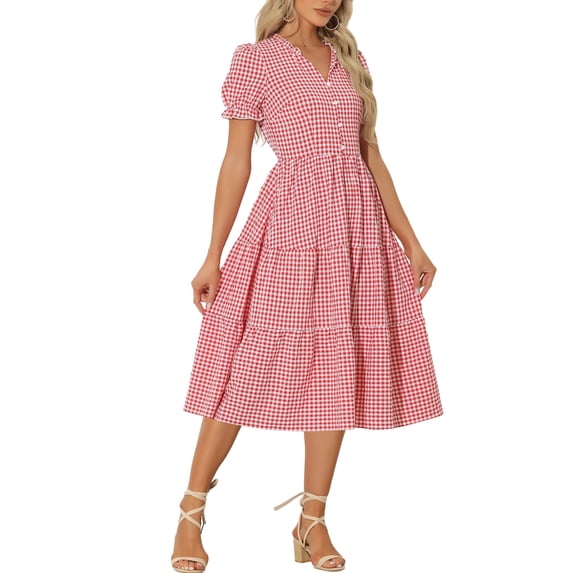 INSPIRE CHIC Women's Gingham Midi Dress V-Neck Short Sleeve Plaid Sundress with Ruffle Trim & Button Detail Red XS