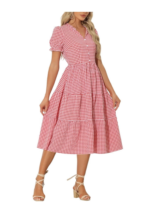Women's Gingham Midi Dress V-Neck Short Sleeve Plaid Sundress with Ruffle Trim & Button Detail Red XS