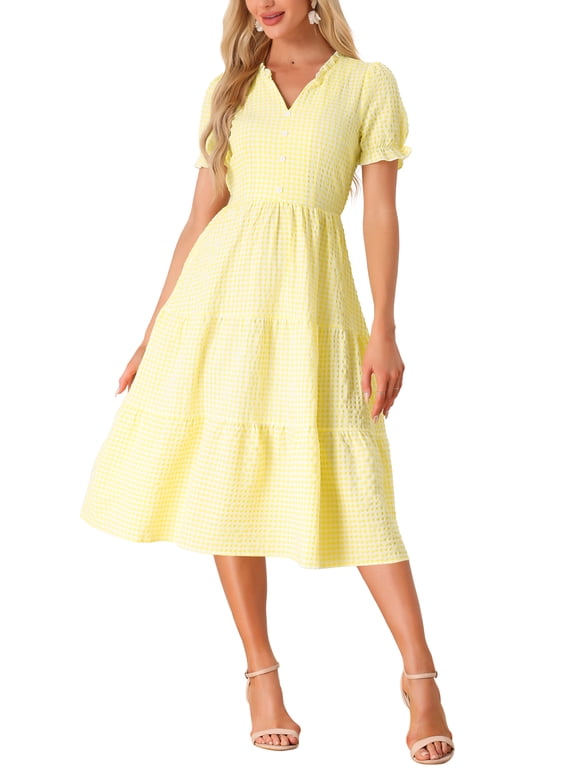Women's Gingham Midi Dress V-Neck Short Sleeve Plaid Sundress with Ruffle Trim & Button Detail Yellow XS