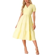 Allegra K Women's Floral Midi Dress - Short Sleeve, Wrap Style, Ruffled Hem, Smocked Waist