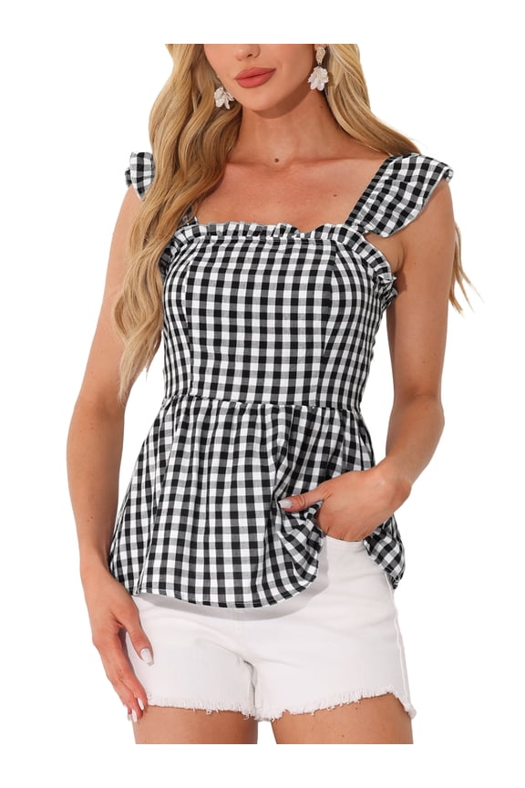 Women's Gingham Peplum Top Square Neck Sleeveless Summer Plaid Blouse S Black