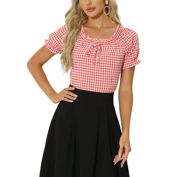 INSPIRE CHIC Gingham Christmas Plaid Blouse for Woman's Peasant Round Neck Ruffles Puff Sleeve Top L Red