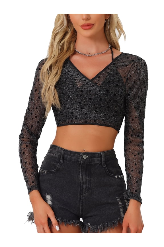 Glitter Crop Top for Women's Star Printed Self-tie Sparkly Party Beach Sheer Slim Fit Tops Black S