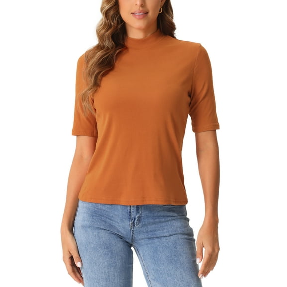 INSPIRE CHIC Half Sleeve T Shirts for Women Turtleneck Top Casual Blouses Solid Elastic Soft Elbow Length Tops M Dark Orange
