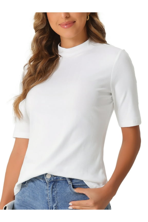 Half Sleeve T Shirts for Women Turtleneck Top Casual Blouses Solid Elastic Soft Elbow Length Tops M White