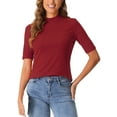 thumbnail image 1 of INSPIRE CHIC Half Sleeve T Shirts for Women Turtleneck Top Casual Blouses Solid Elastic Soft Elbow Length Tops S Dark Red, 1 of 6