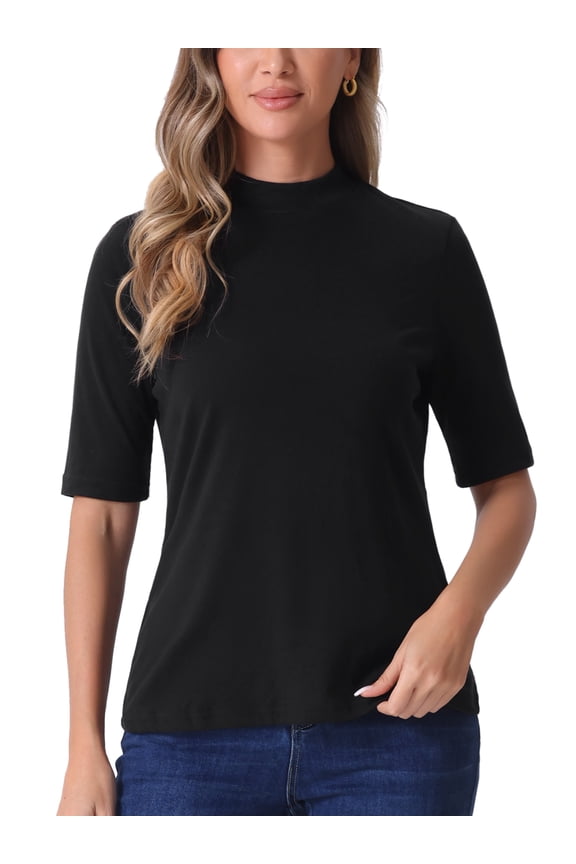 Half Sleeve T Shirts for Women Back to School Turtleneck Top Casual Blouses Solid Elastic Soft Elbow Length Tops XL Black