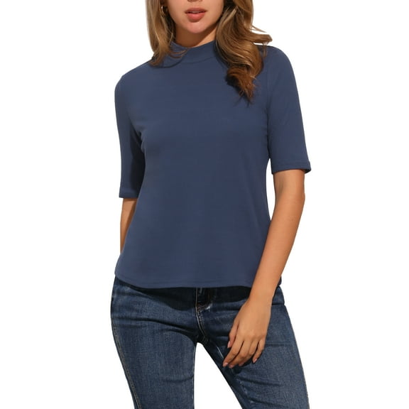 INSPIRE CHIC Half Sleeve T Shirts for Women Turtleneck Top Casual Blouses Solid Elastic Soft Elbow Length Tops XL Gray Blue