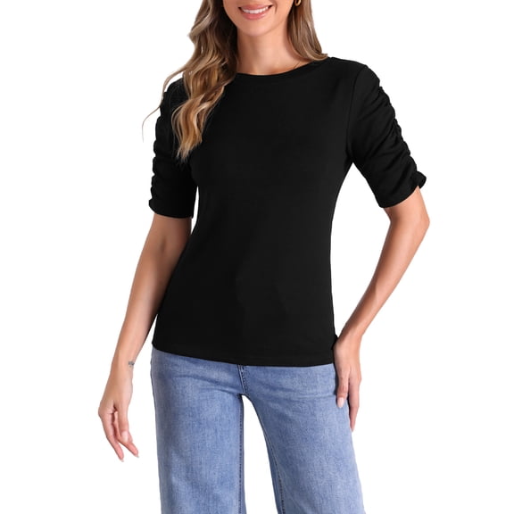 INSPIRE CHIC Half Sleeve Tops for Women's Boat Neck Stretchy Basic Summer Casual Shirts L Black