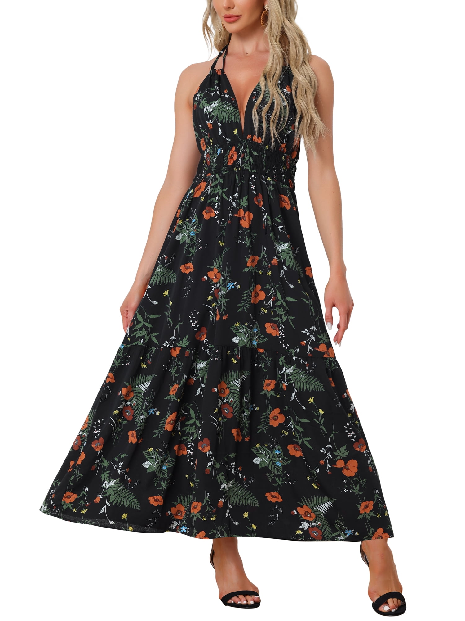 INSPIRE CHIC Halter Neck Boho Dress for Women's Sleeveless Elastic Waist  Floral Maxi Dresses Summer Sundress Black S - Walmart Business Supplies