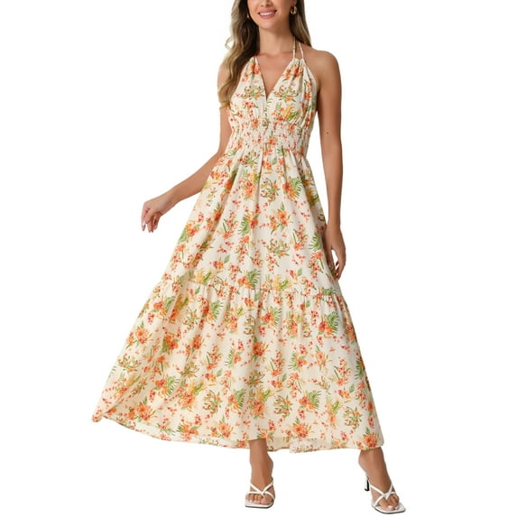 INSPIRE CHIC Halter Neck Boho Dress for Women's Sleeveless Elastic Waist Floral Maxi Dresses Summer Sundress Apricot M