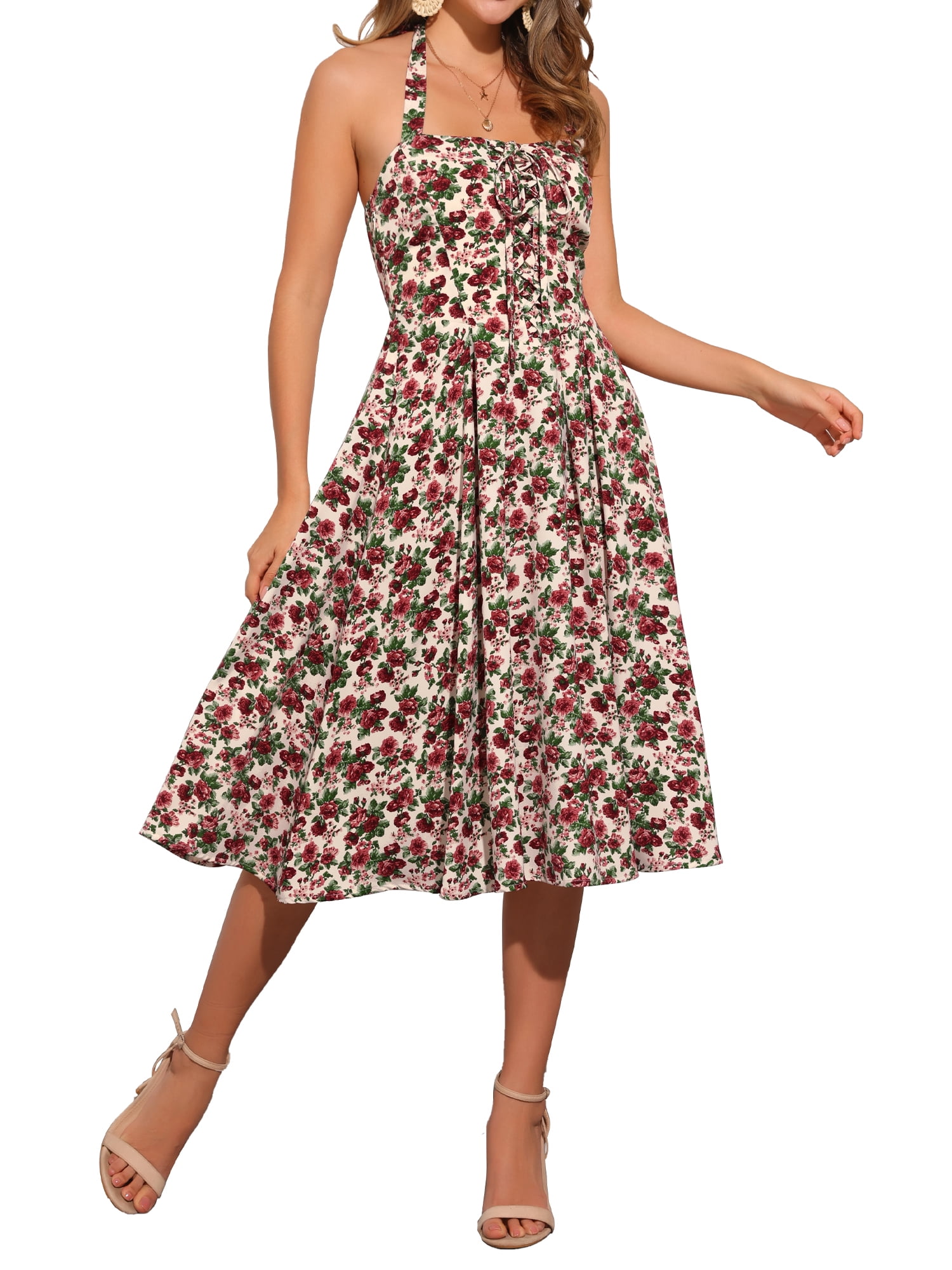 Wenrine Women's Navy Floral Halter Tie Back Maxi Sundress