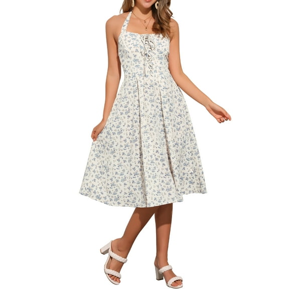 INSPIRE CHIC Halter Neck Floral Dress for Women's Summer Sundress Sleeveless Lace Up Midi Dress M White Blue