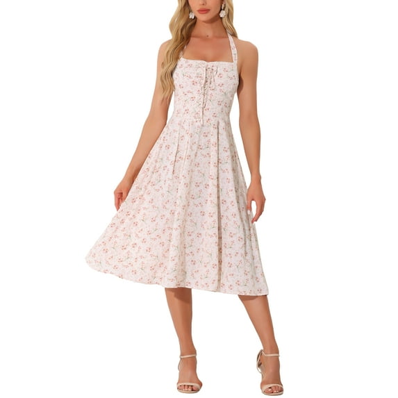 INSPIRE CHIC Halter Neck Floral Dress for Women's Summer Sundress Sleeveless Lace Up Midi Dress XS Pink