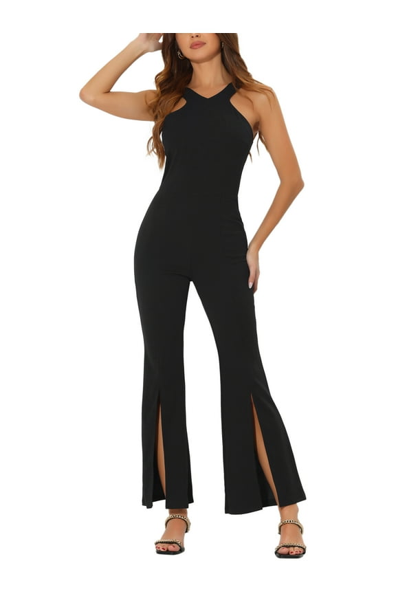 Halter Neck Jumpsuits for Women's Sleeveless High Waist Split Hem Flare Leg Elegant Jumpsuit XL Black