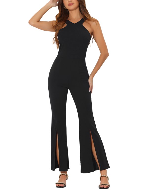 Halter Neck Jumpsuits for Women's Sleeveless High Waist Split Hem Flare Leg Elegant Jumpsuit XS Black