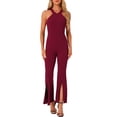 thumbnail image 1 of INSPIRE CHIC Halter Neck Jumpsuits for Women's Sleeveless High Waist Split Hem Flare Leg Elegant Jumpsuit XS Wine Red, 1 of 6