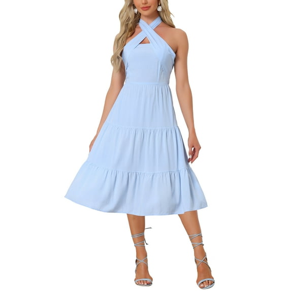 INSPIRE CHIC Halterneck Smocked Dress for Women's Sleeveless Tie Slim Fit Party Cocktail Dresses