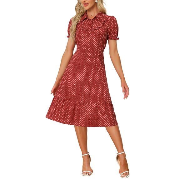 INSPIRE CHIC Heart Print Dresses for Women's Lapel Collar Puff Short Sleeves Vintage Ruffled Dress