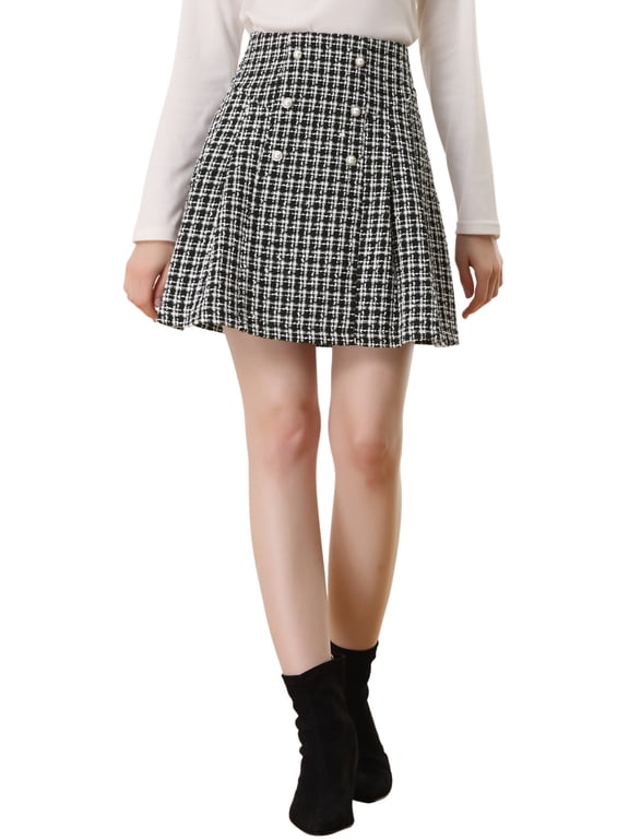 Outfit High Waist A-Line Mini Skirt for Women's Plaid Tweed Elegant Button Front Skirts L Black White