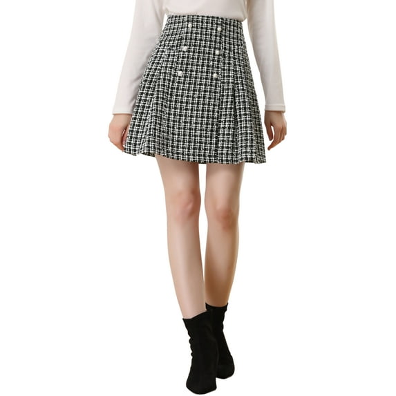 INSPIRE CHIC Outfit High Waist A-Line Mini Skirt for Women's Plaid Tweed Elegant Button Front Skirts L Black White