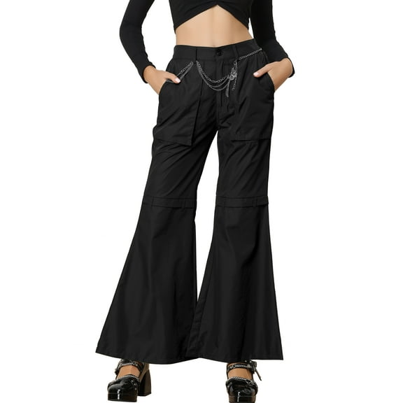 INSPIRE CHIC High Waist Wide Leg Cargo Pants for Women's Bell Bottom Pants with Pockets XS Black