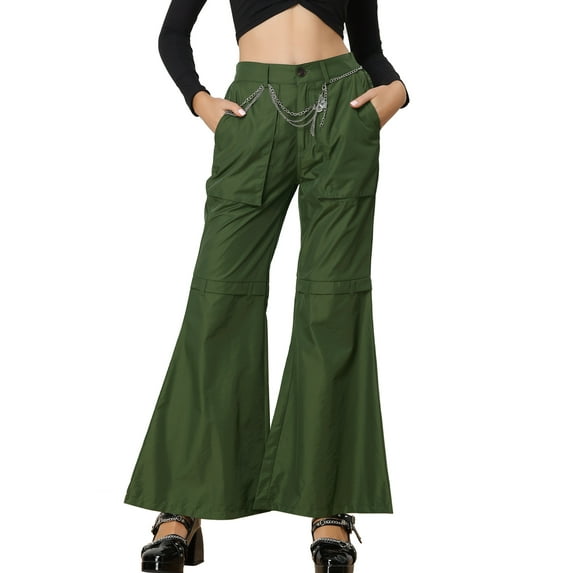 INSPIRE CHIC High Waist Wide Leg Cargo Pants for Women's Bell Bottom Pants with Pockets L Green
