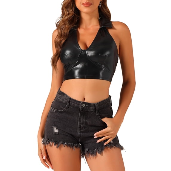 INSPIRE CHIC Holographic Crop Top for Women's Shimmering Shiny Party Halter Metallic Tops L Black