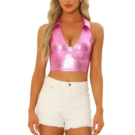 INSPIRE CHIC Holographic Crop Top for Women's Shimmering Shiny Party Halter Metallic Tops S Pink