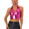 thumbnail image 1 of INSPIRE CHIC Holographic Crop Top for Women's Shimmering Shiny Party Halter Metallic Tops XS Hot Pink, 1 of 4