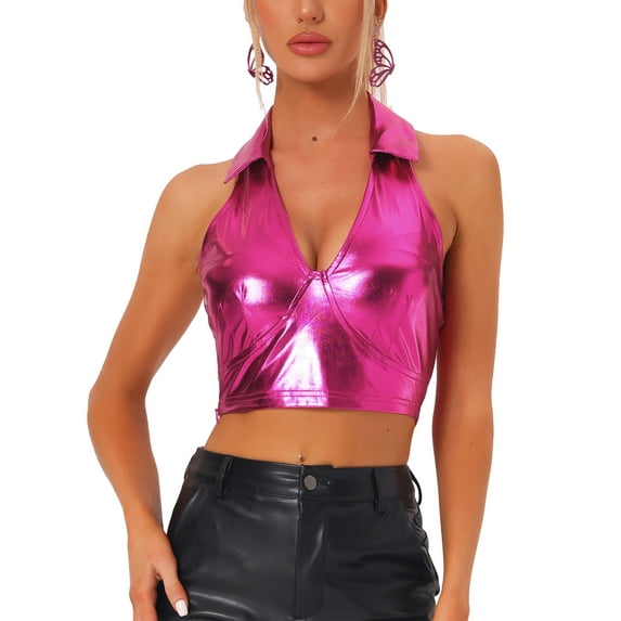 INSPIRE CHIC Holographic Crop Top for Women's Shimmering Shiny Party Halter Metallic Tops XS Hot Pink