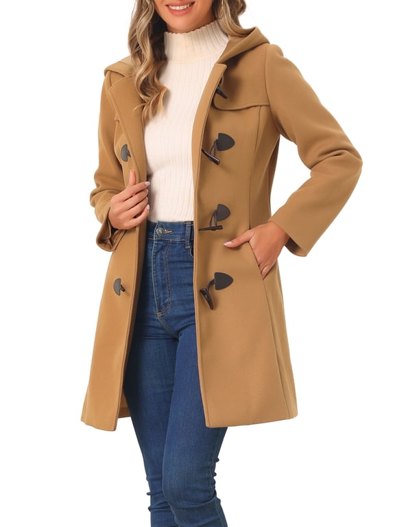 Women's Coat Solid Color Toggle Button Fully Lined Hooded Coat M Camel