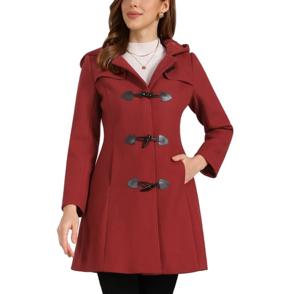 INSPIRE CHIC Hooded Toggle Button Up Duffle Coat for Women's Winter Outwear S Dark Red
