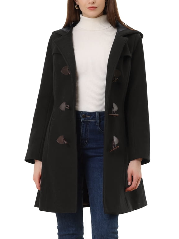 Women's Coat Solid Color Toggle Button Fully Lined Hooded Coat L Black