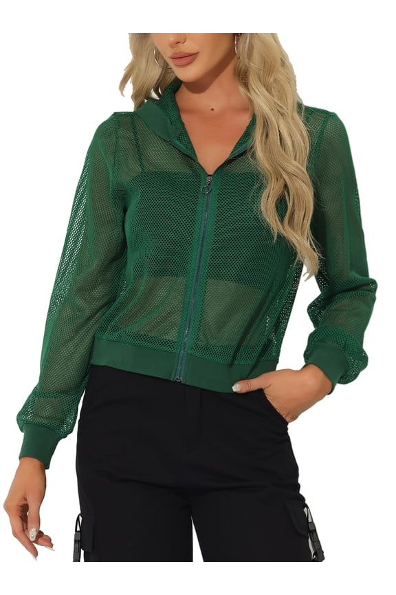 Ribbed Cuffs Jacket for Women Hoodie Mesh Bomber Jacket L Dark Green