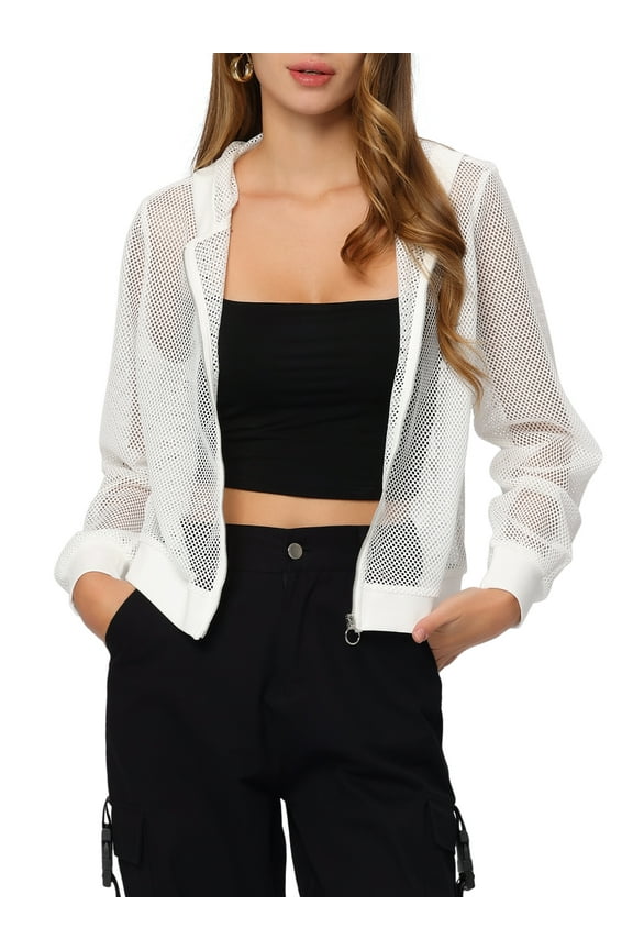 Ribbed Cuffs Jacket for Women Hoodie Mesh Bomber Jacket XL White