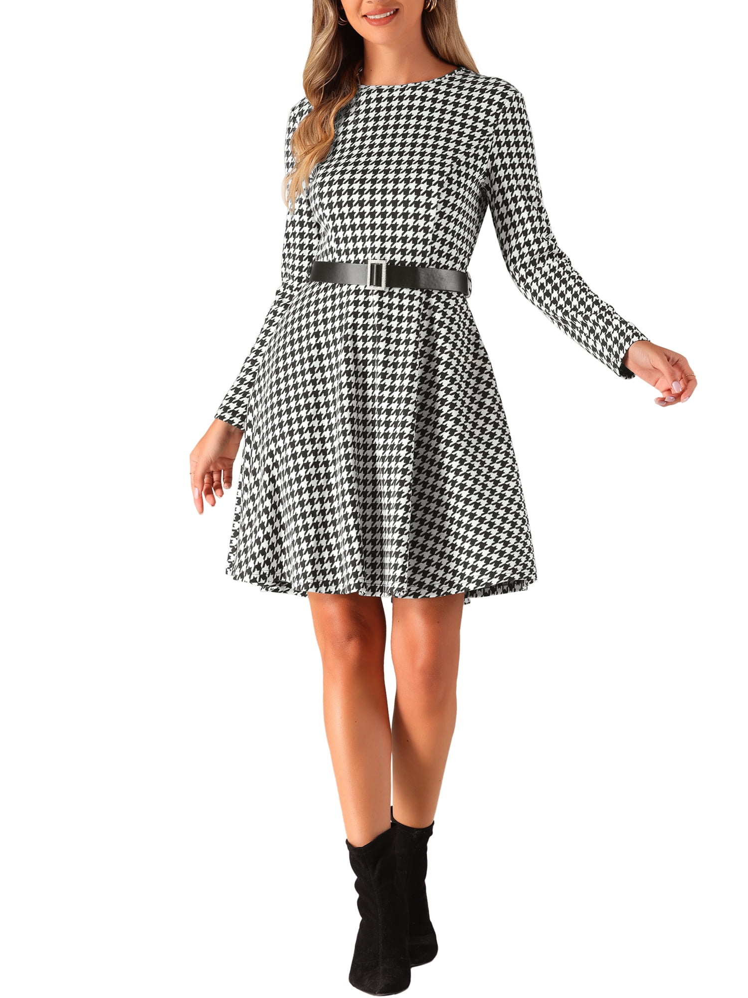 INSPIRE CHIC Women's Dress Houndstooth Plaid Crew Neck Long Sleeves Belt  A-Line Dress with Pockets XL Black White - Walmart Business Supplies