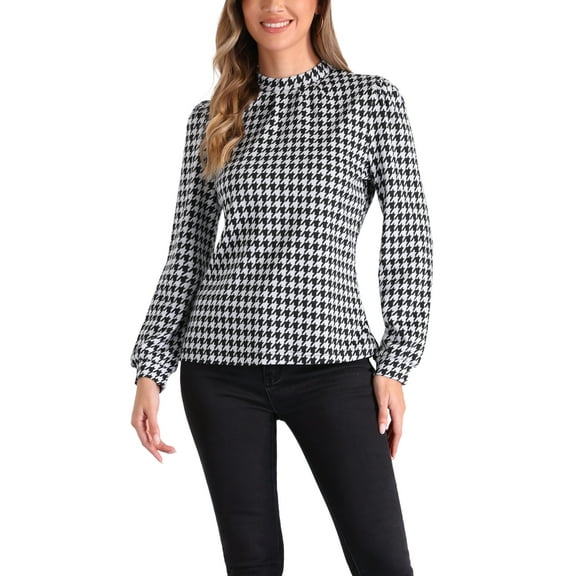INSPIRE CHIC Houndstooth Print Blouses for Women's Mock Neck Long Sleeve Elegant Blouse Tops