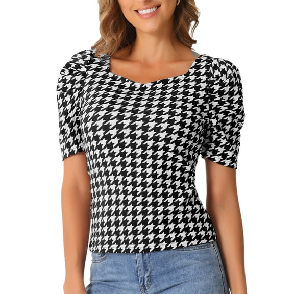 INSPIRE CHIC Houndstooth Work Blouse for Women's Short Sleeve Square Neck Casual Blouses Top