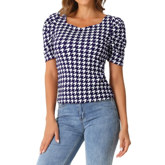 INSPIRE CHIC Houndstooth Work Blouse for Women's Short Sleeve Square Neck Casual Blouses Top