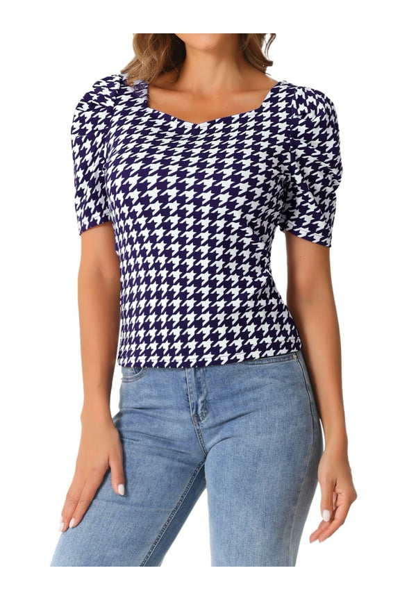 Houndstooth Work Blouse for Women's Short Sleeve Square Neck Casual Blouses Top