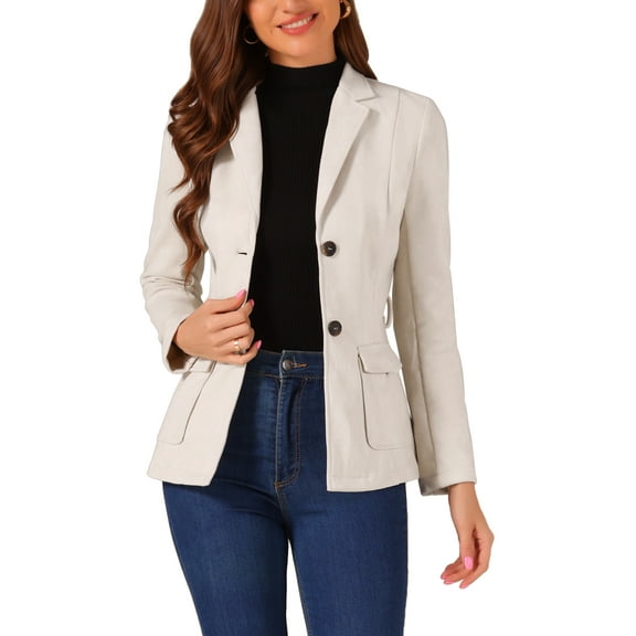 INSPIRE CHIC Women's Faux Suede Belted Long Sleeve Single Breasted Work Blazer L Apricot