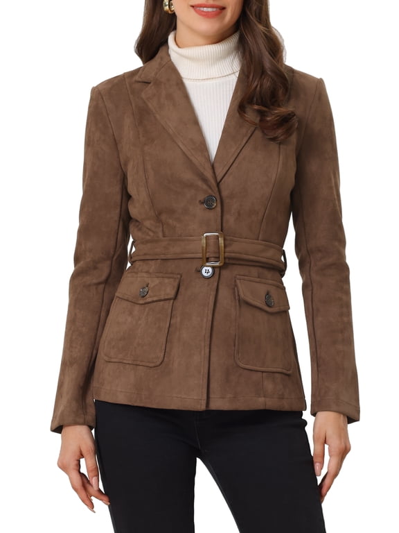 Women's Faux Suede Belted Long Sleeve Single Breasted Work Blazer Dark Brown XL