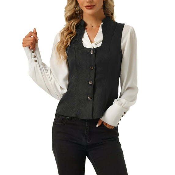 INSPIRE CHIC Jacquard Steampunk Vest for Women's U Neck Single Breasted Floral Gothic Waistcoat M Black